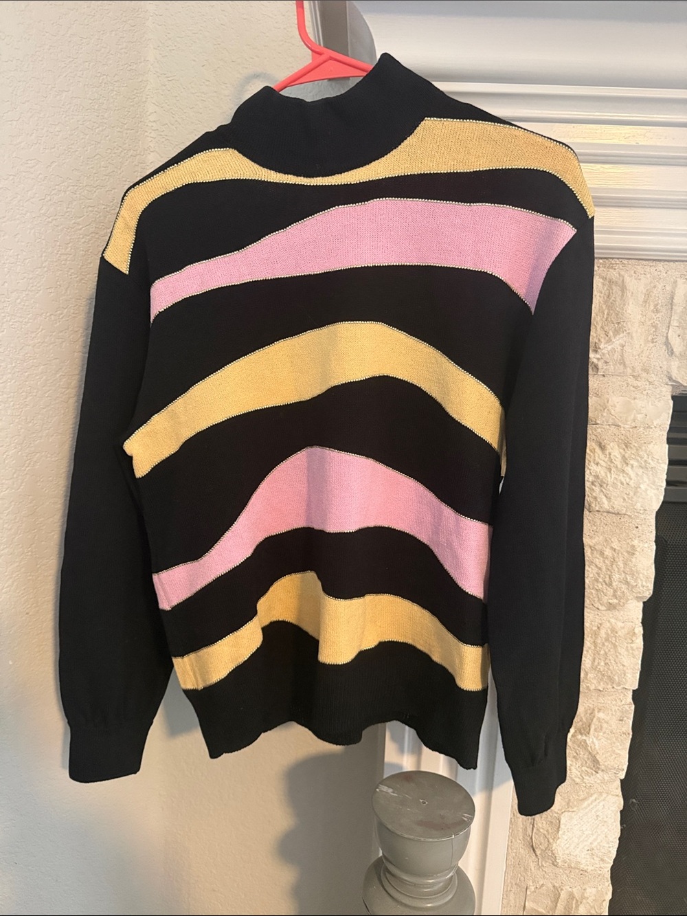 St. John Black Turtleneck Sweater with Pink and Yellow Stripes